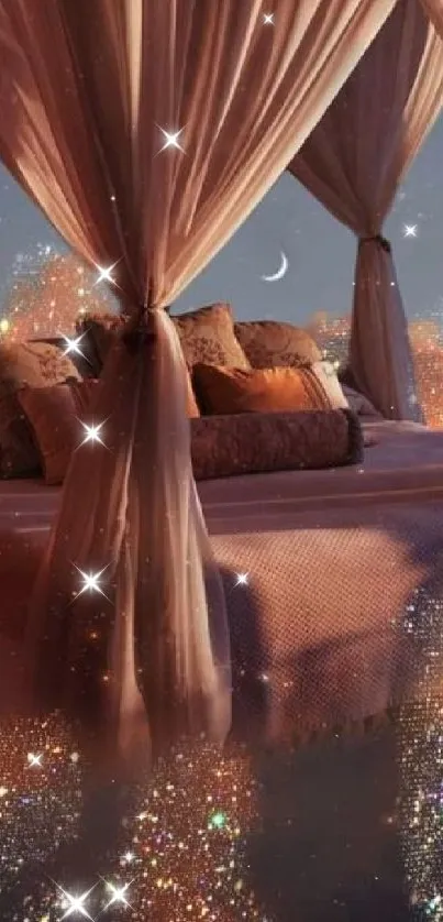 Dreamy canopy bed surrounded by shimmering stars.