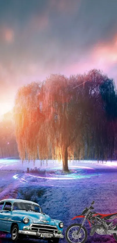 Dreamy landscape with vintage car, motorcycle, and glowing tree.
