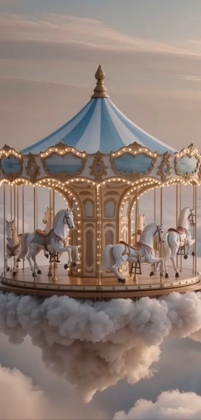 Carousel floating among clouds with pastel blue hues.
