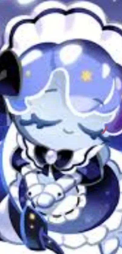 Purple and blue cartoon character in dreamy style.