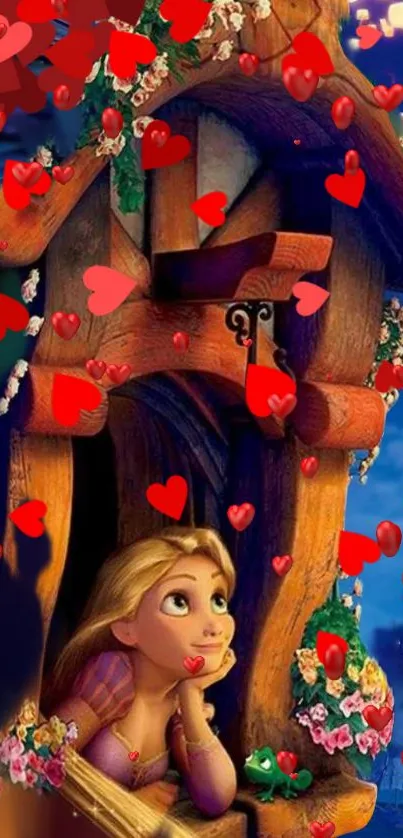 Cartoon girl at tower window with falling red hearts.