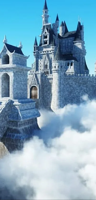 Castle floating above clouds in a fantasy scene.