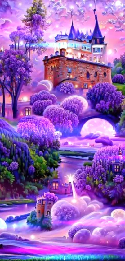 Enchanting castle landscape with vivid purple hues and magical scenery.