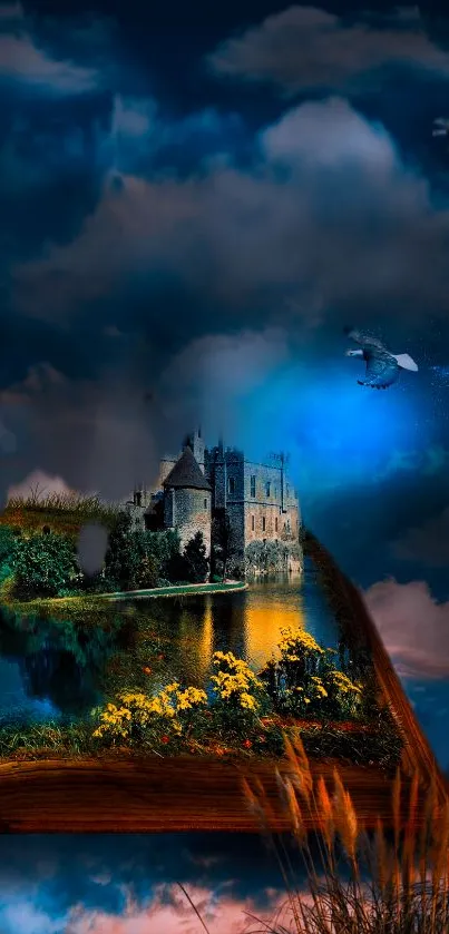 Fantasy castle on floating island with dark blue sky.