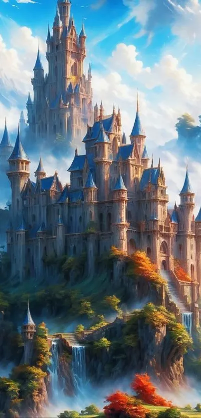 Majestic fantasy castle with spire towers in a misty blue landscape.