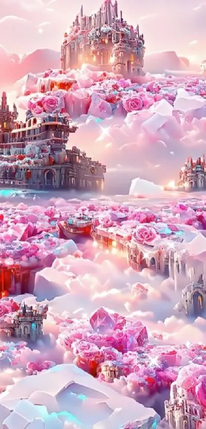 Fantasy castles amidst pink clouds with blooming roses.