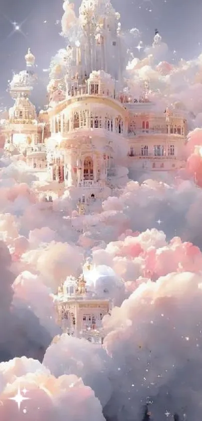 Dreamy castle surrounded by pink clouds, perfect wallpaper.