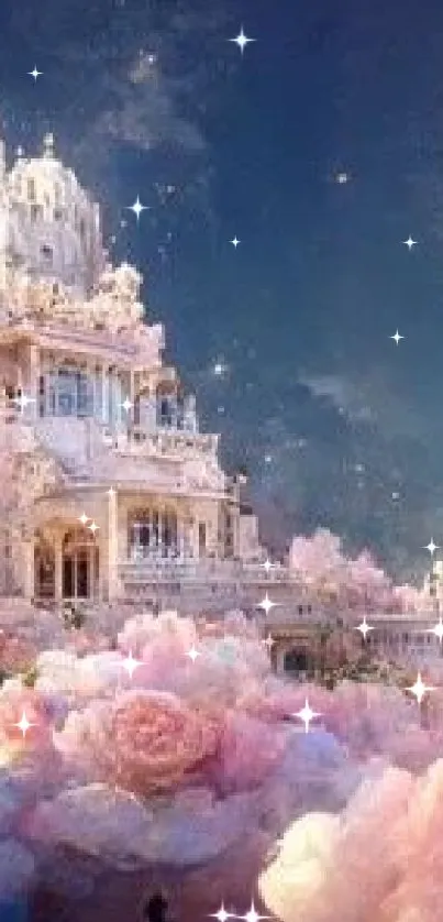 Dreamy castle surrounded by pink clouds with a serene, magical ambiance.