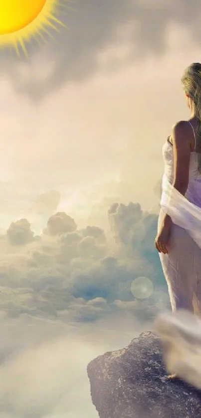 Woman overlooks mystical castle in clouds wallpaper.