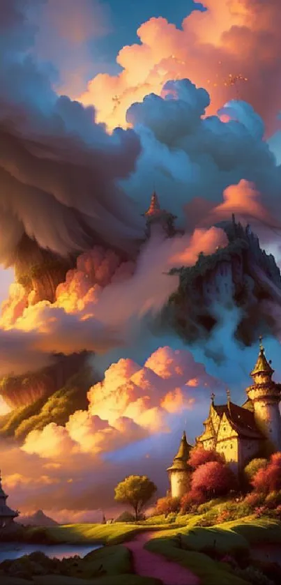 Fantasy castle nestled in vibrant, colorful clouds.