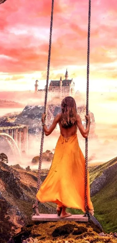 Girl swinging towards a distant castle under a pink-orange sunset.