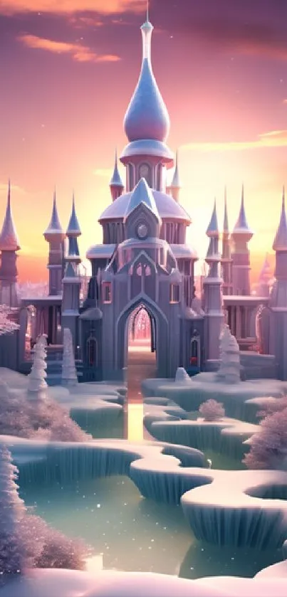 Magical snowy castle at sunrise in a winter wonderland.