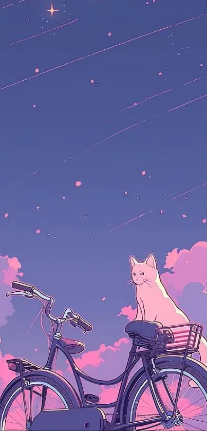 Whimsical wallpaper of a cat on a bicycle under a pink and violet sky.