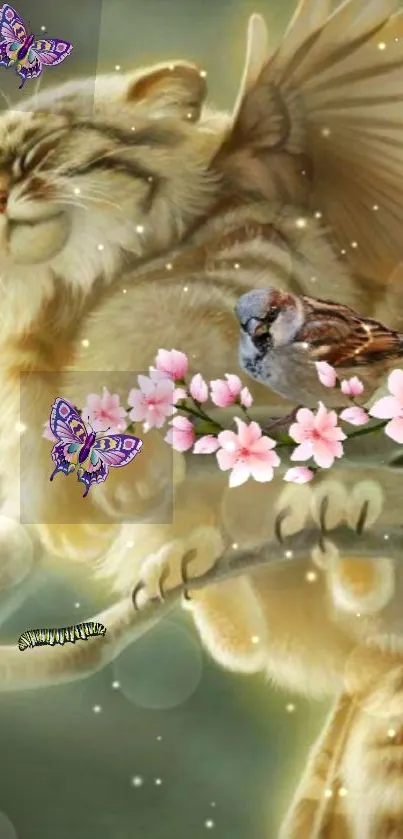 Fantasy cat and bird wallpaper with butterflies and blossoms.