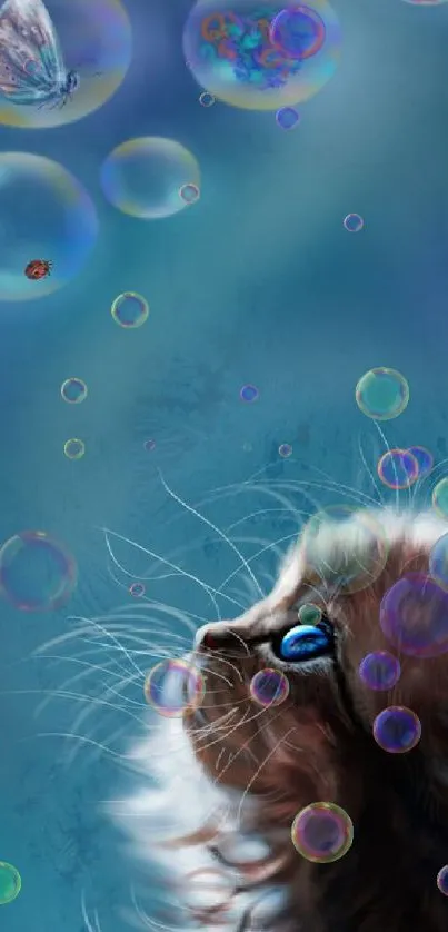 Cute cat gazes at floating bubbles in a dreamy, blue-themed digital artwork.