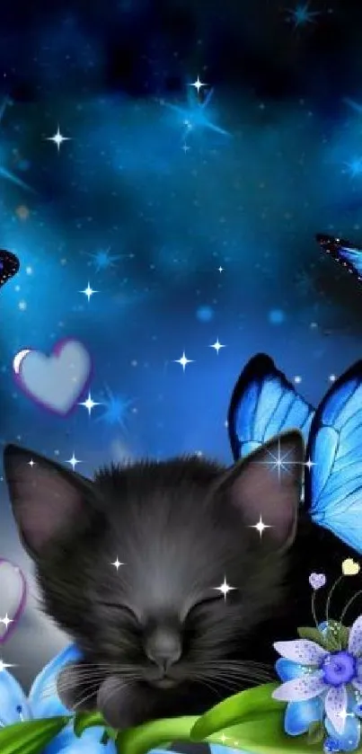 A serene black cat surrounded by blue butterflies and flowers on a dreamy night.