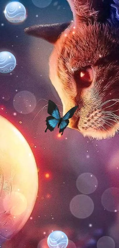 Cat and butterfly with glowing orbs in a dreamy fantasy scene.