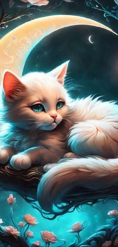 Fluffy cat beside crescent moon with teal night sky and flowers.