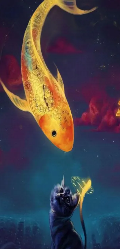 Cat interacts with glowing fish in a surreal night sky setting.