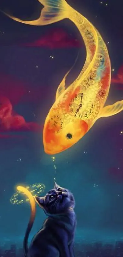 A cat reaches towards a luminous fish in a dreamy night sky scene.