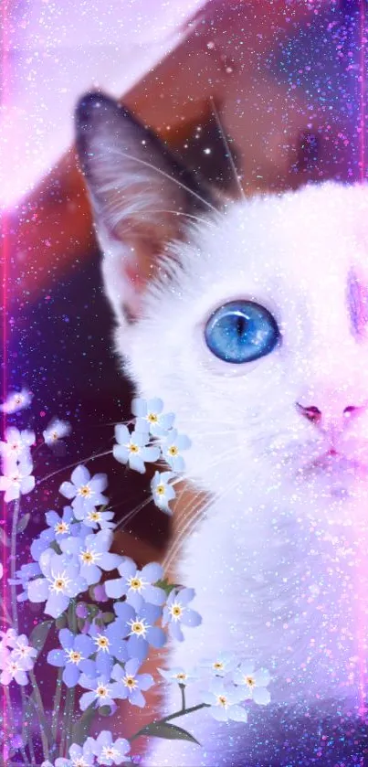 Dreamy wallpaper of a cat with blue eyes and flowers in a cosmic background.