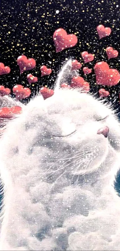 Dreamy white cat in clouds with pink hearts against a starry dark blue background.