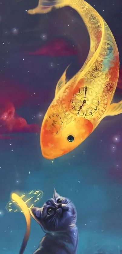 A cat gazes at a clock-patterned koi in a cosmic fantasy scene.