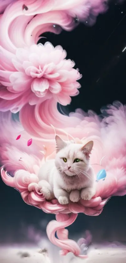 White cat nestled in pink clouds with magical atmosphere.