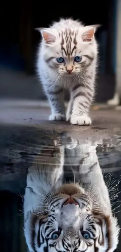 Kitten walking with tiger reflection in a serene and dreamy setting.