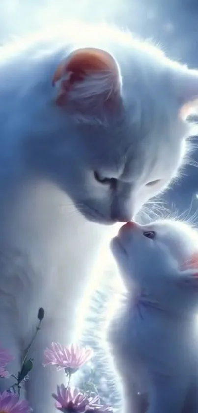 Two white cats nuzzling in dreamy light.