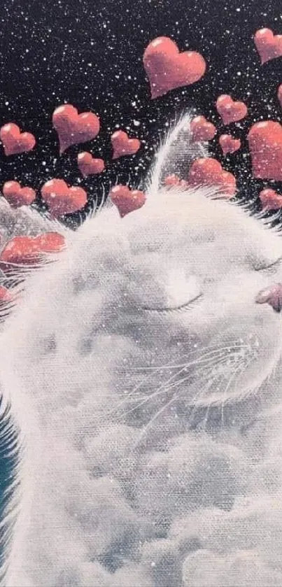 Dreamy fluffy cat with floating hearts in a cosmic background wallpaper.