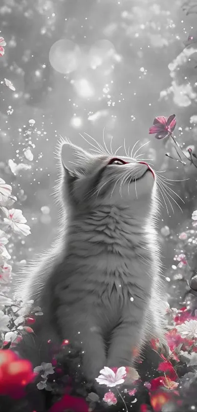 A whimsical cat in a dreamy, floral wonderland.