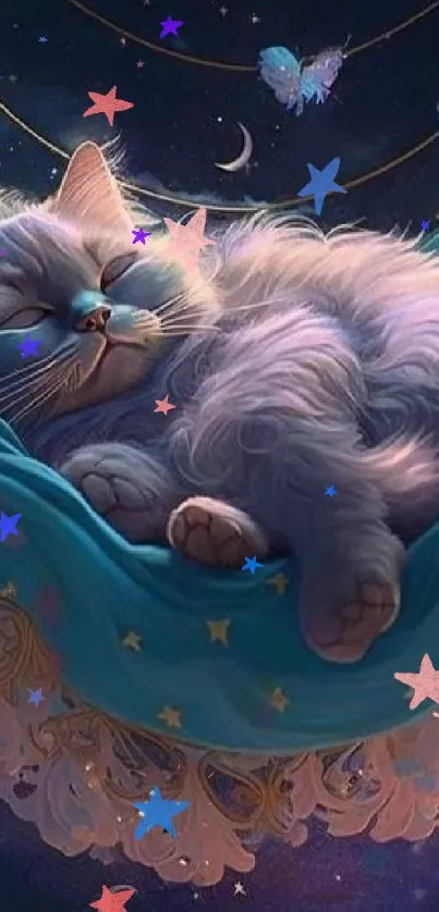 Fluffy cat sleeping in a teal hammock amid a starry, cosmic background with butterflies.