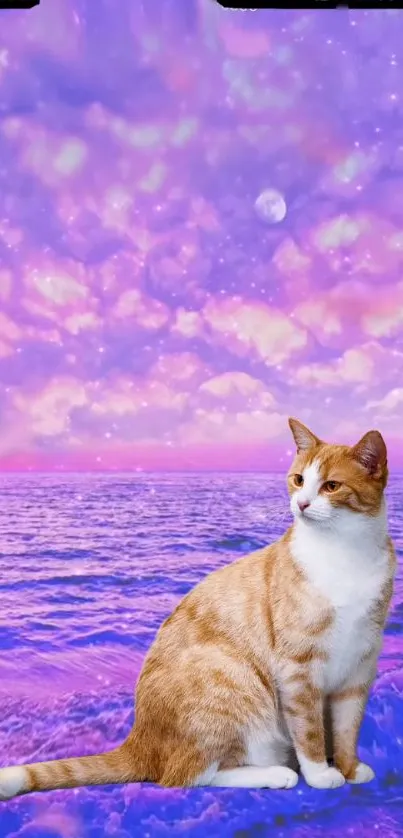 Cat sitting by a dreamy pink and purple ocean under a mystical sky.