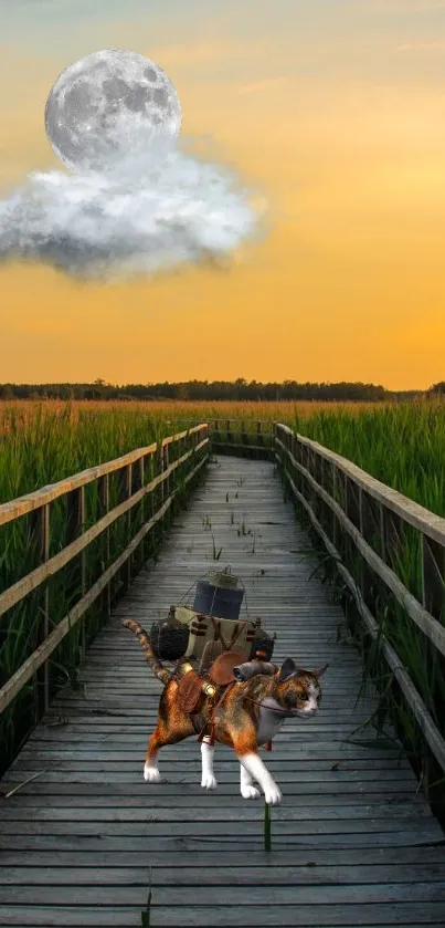 Cat with saddle bags on a wooden bridge at sunset with a large moon.