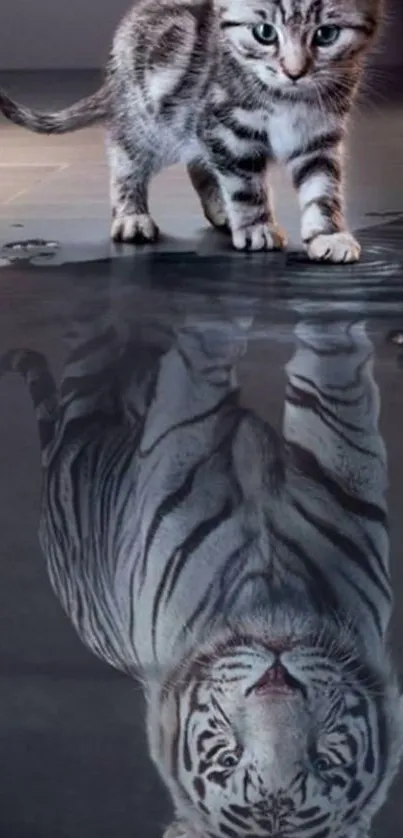 Kitten reflecting a tiger in water, symbolizing growth.