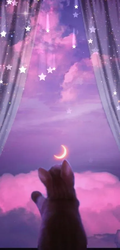 Cat gazing at dreamy purple sky with clouds and stars from a window.