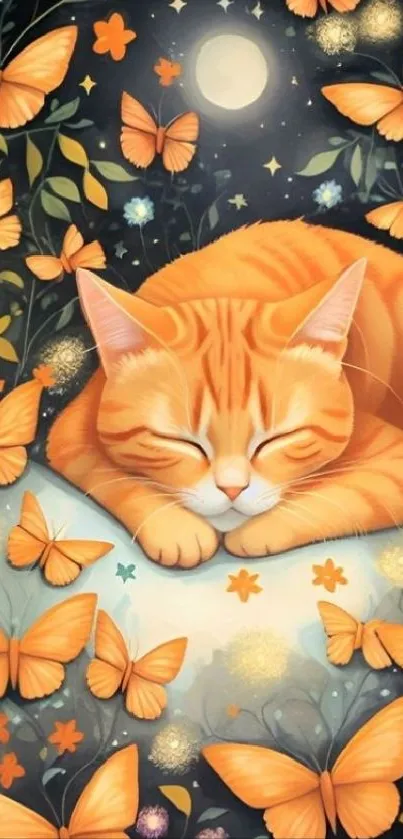 Peaceful ginger cat with butterflies under a starry sky.