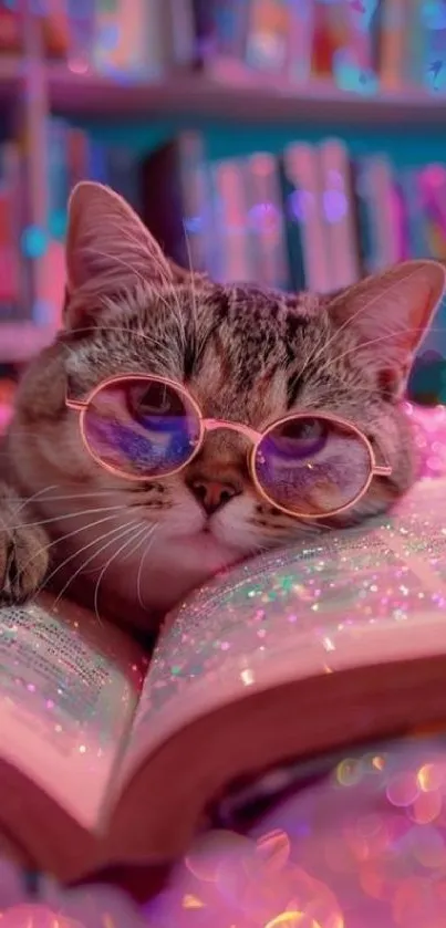 Cat with glasses on a book in whimsical library setting.