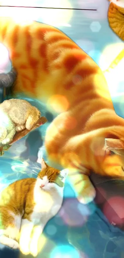 Bright and colorful wallpaper with cats lounging in a dreamy water scene.