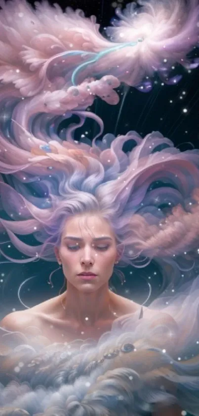 Ethereal woman with flowing pastel clouds in a dreamy cosmic scene.