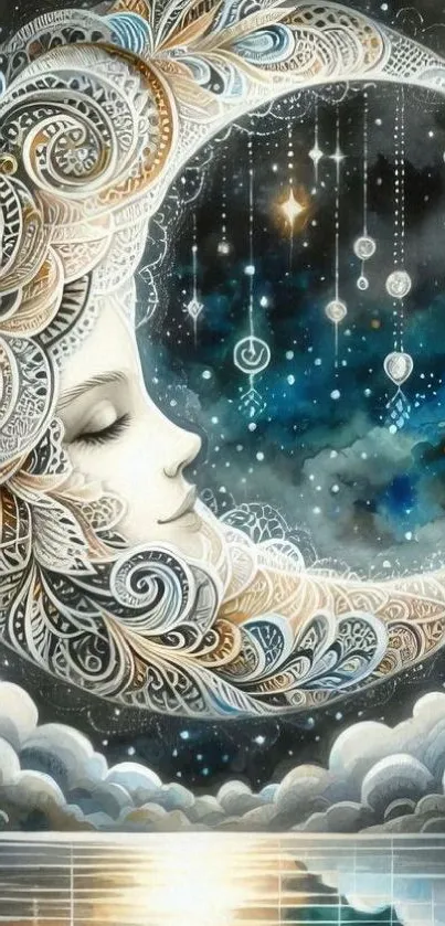 Intricate celestial moon art on a dark blue sky.