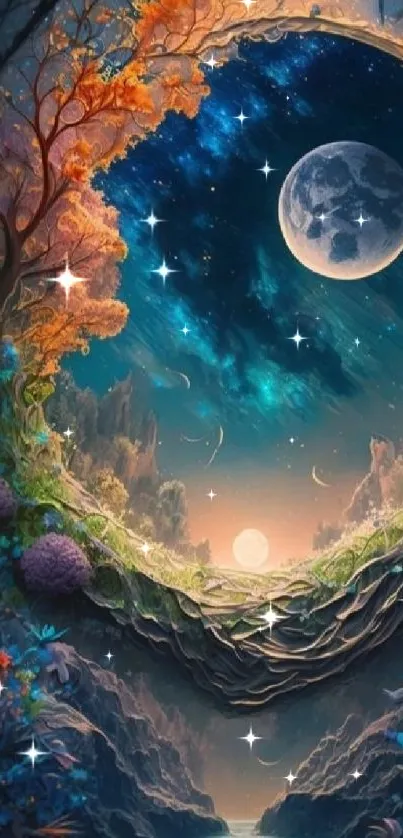 Fantasy art of a celestial landscape with vibrant night sky.