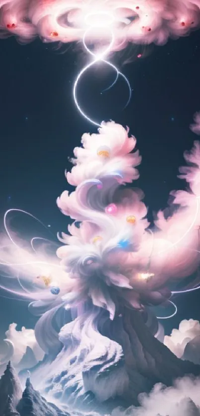 Surreal fantasy wallpaper with ethereal clouds and glowing celestial elements.