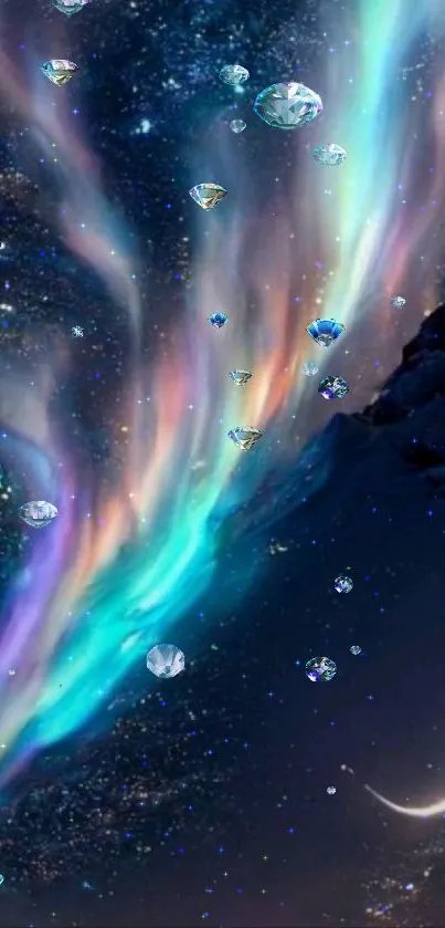 Vibrant aurora with diamonds in a galaxy-themed mobile wallpaper.