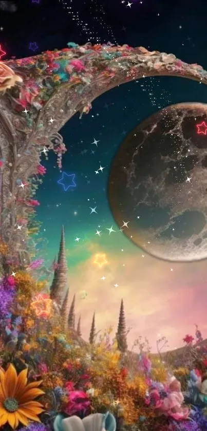 Dreamy wallpaper with moon, stars, and vibrant flowers.