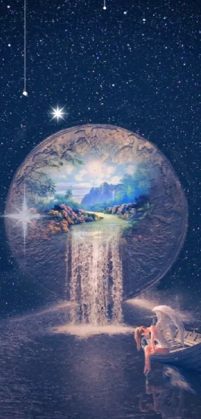 Fantasy celestial lake with a dreamy waterfall and starry night sky.