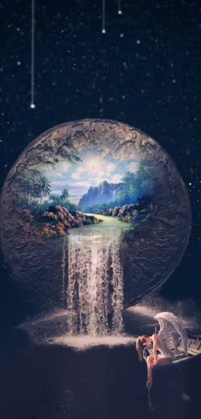Dreamy celestial wallpaper with a waterfall and stargazing elements.