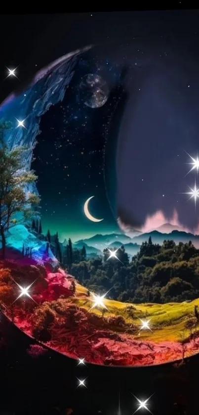 Colorful celestial landscape with stars and crescent moon.