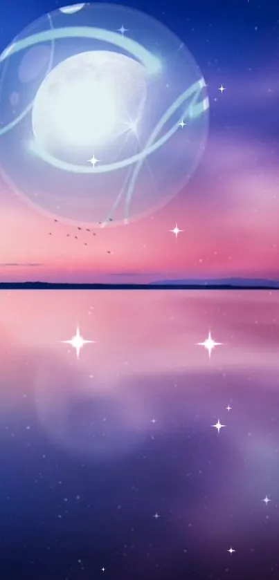 Dreamy celestial landscape with moon and stars reflecting on water.